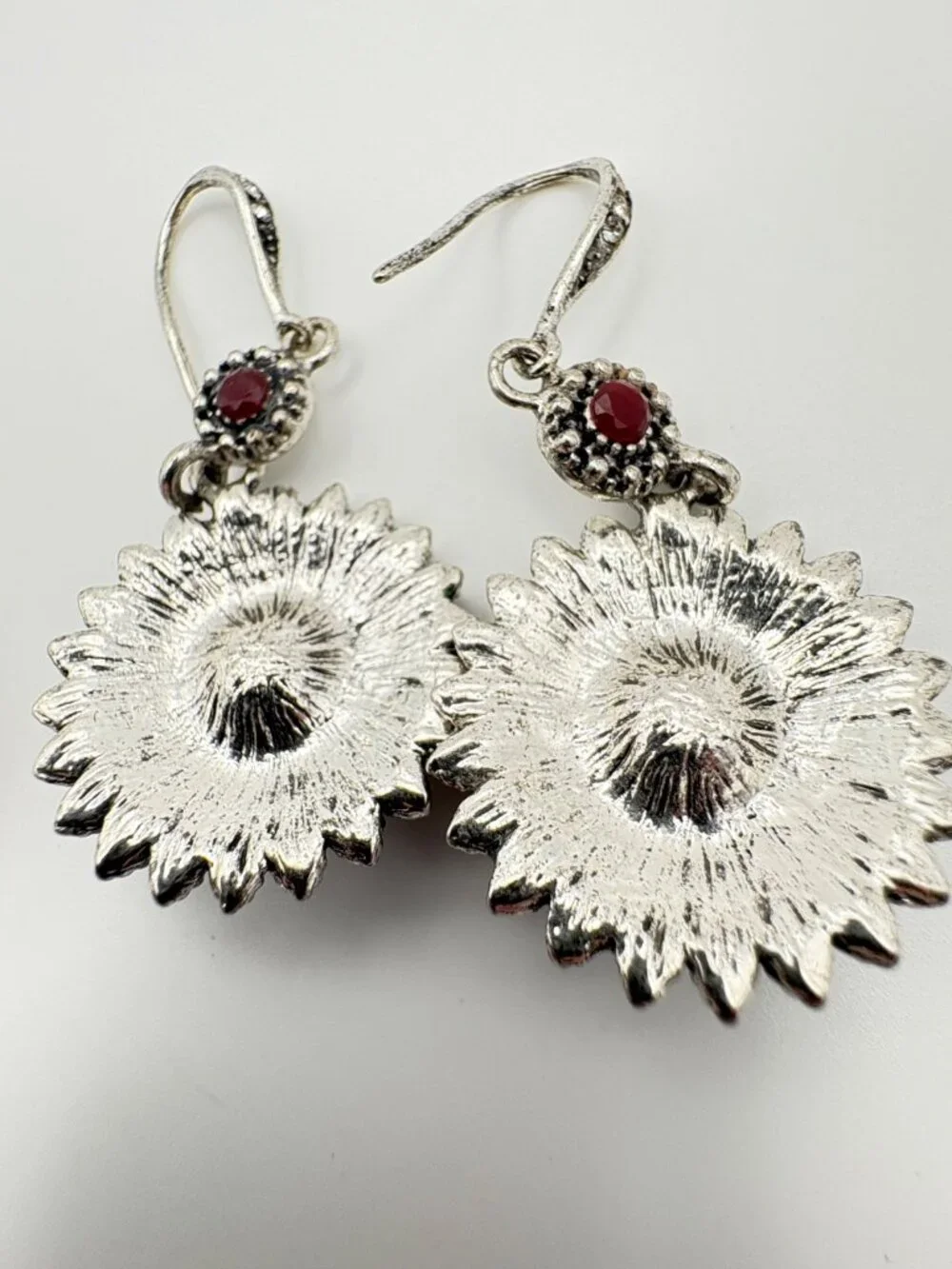 Lot of 2 Red Rhinestone Dangle Earrings Teardrop & Antique Style Mandala Drops